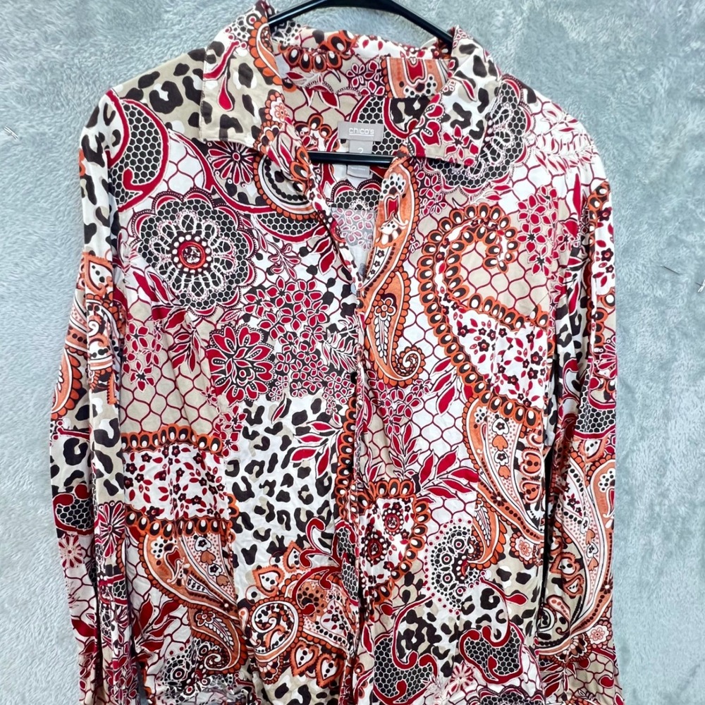 Chicos Mixed Print‎ Button Down Shirt Size 2 Large Paisley Leopard Floral Red